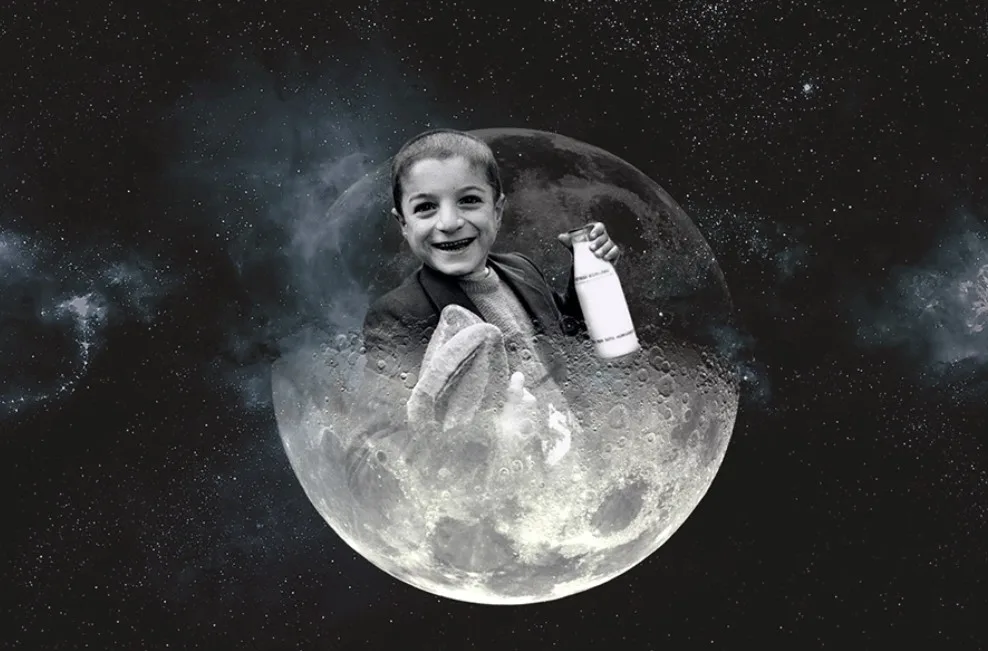 Collage: a laughing boy holding a milk bottle inside the moon