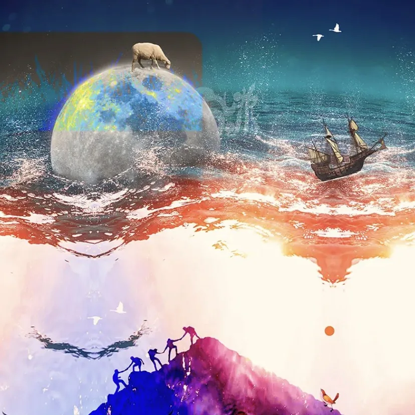 Collage: a moon in the sea, a sheep on top, climbers on a purple mountain below