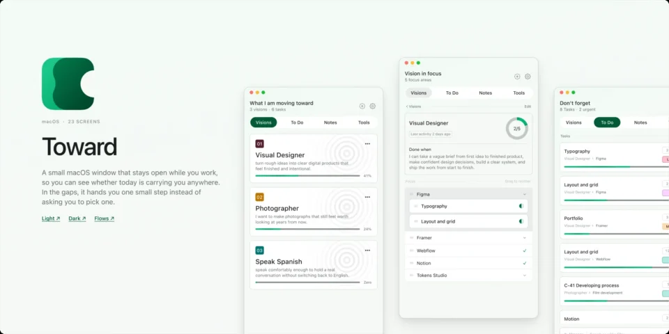 Toward cover: the app icon, title and three screens