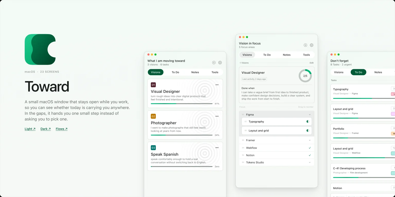 Toward cover: the app icon, title and three screens