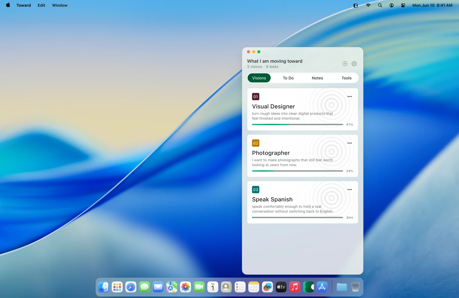 The Toward window open on a macOS desktop