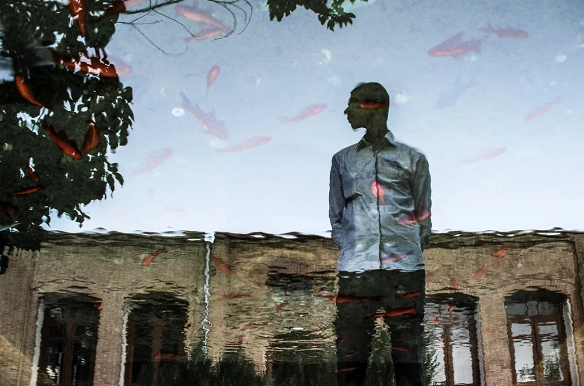 A man reflected in a pond with goldfish, an old brick house behind him