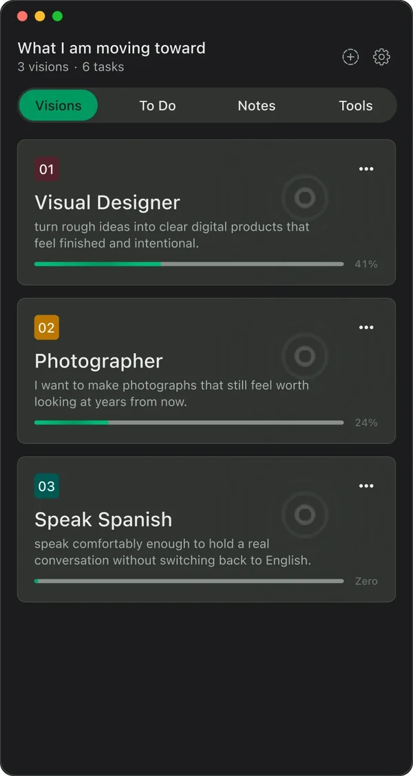 Visions screen in dark mode